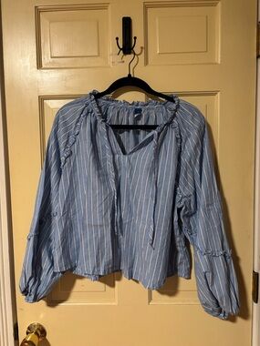 Old Navy Blue and White Striped Peasant Blouse